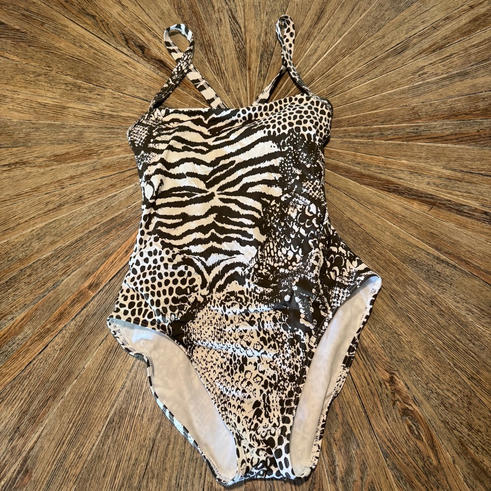 Calvin Klein animal print brown white one piece swimsuit 10 crisscross high cut
